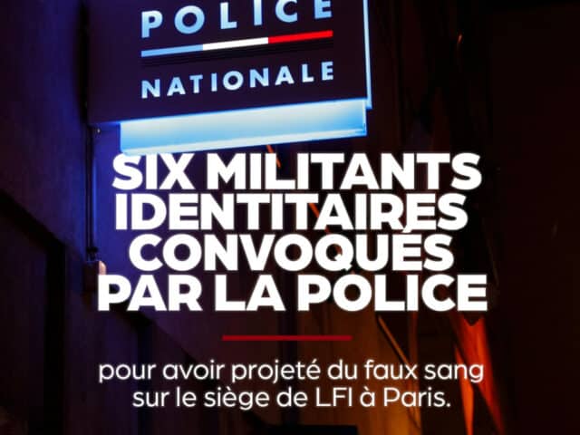 Six militants identitaires convoqués par la police pour avoir projeté du faux sang sur le siège de LFI en réponse à l’assassinat de Quentin